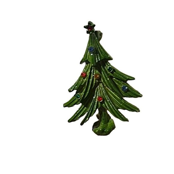 Vintage Green Enamel Christmas Tree Pin - Holiday Costume Jewelry - Picture 5 of 8